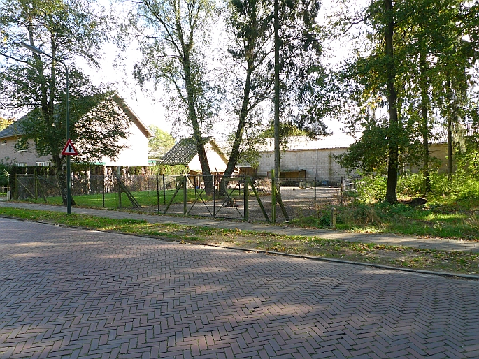 bergweg, in gebruik door wat kippen en pauwen